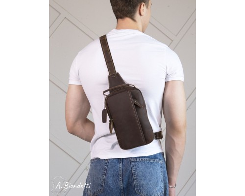 Нагрудная мужская сумка-слинг натуральная кожа