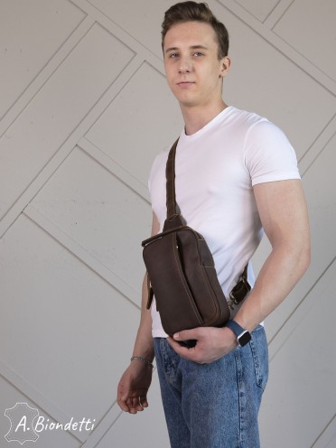 Нагрудная мужская сумка-слинг натуральная кожа